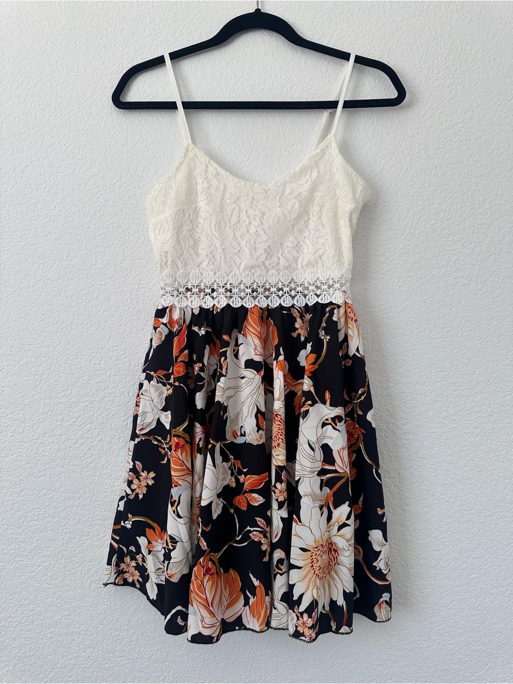 SHEIN Cream Lace Top Black Floral Midi Dress